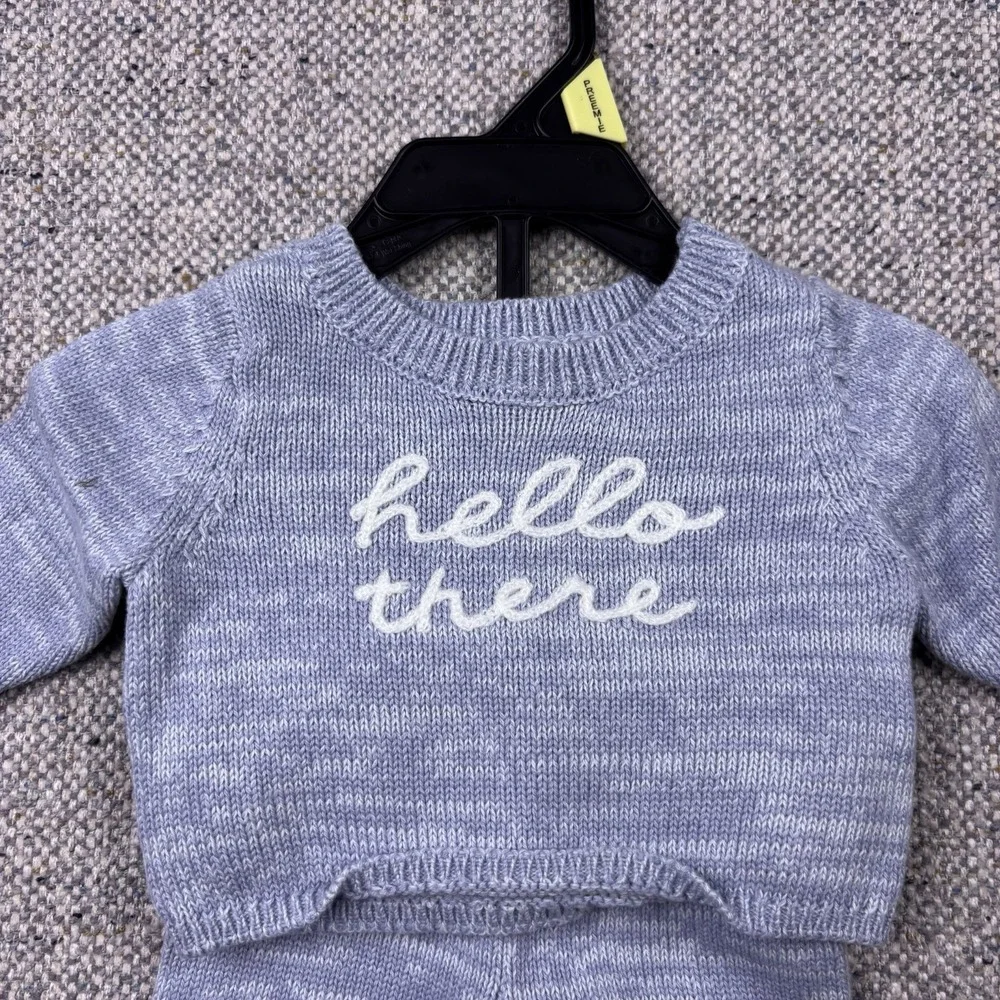 Carter's Child of Mine Baby Knit Sweater Set Blue Hello There 2 Piece Preemie